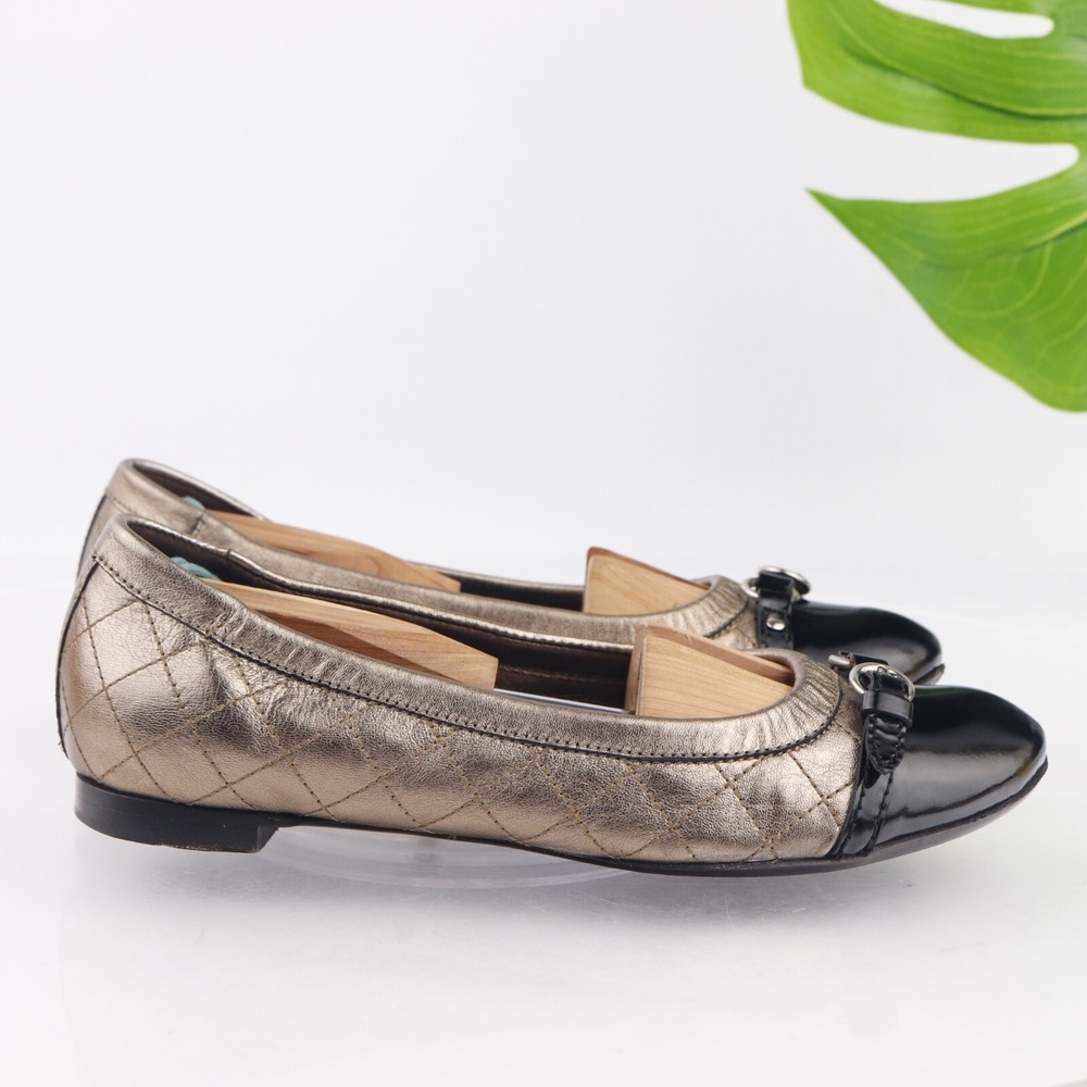 AGL Womens Ballet Flats Size 39 9 Quilted Bronze Gold Leather Black Cap Toe Shoe - Picture 5 of 14